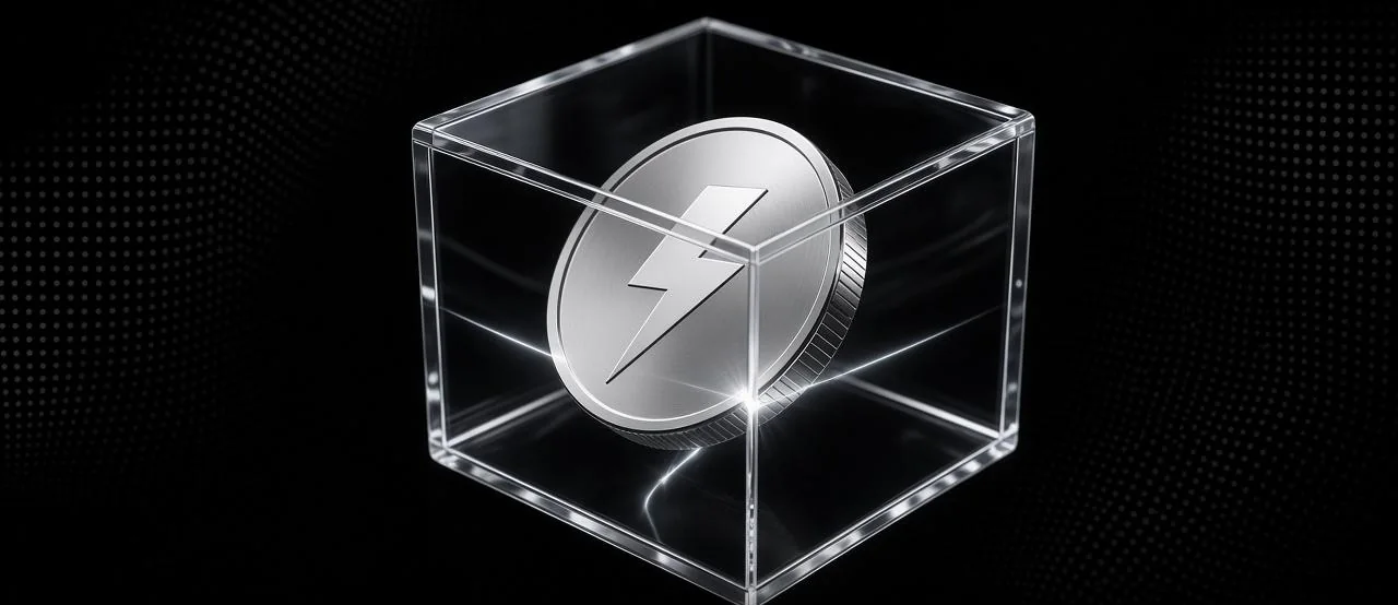 A silver coin with a lightning bolt inside a clear glass cube