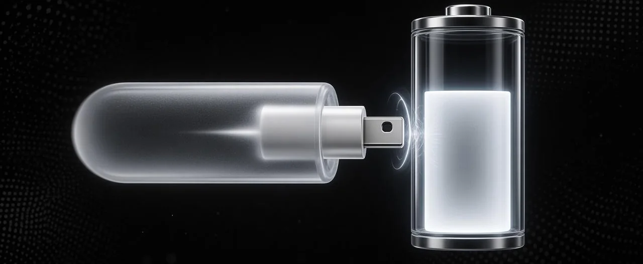 A glass plug charging a battery that fills with light